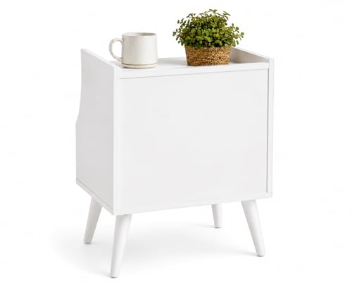 Image of ETIQUETTE ART Modern Fluted Nightstand with Drawer and Open Storage Shelf, Bedside Table with Round Edge, Boho Night Stand with Solid Wood Legs & Knob Handle End Table for Bedroom (White)