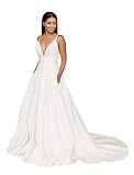 V Neck Satin Wedding Dresses for Bride A Line Beach Boho Backless Lace Bridal Gowns Ivory Size 4