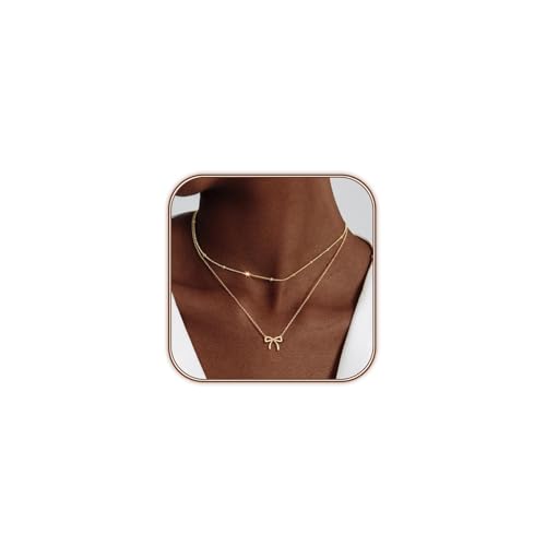 ZephyrHome Collar de oro de 14k para mujer, acero inoxidable, colgante de lazo de doble capa, collar de para, cadena chapada en ，collar colgante de oro para mujer, elegante regalo de joyería
