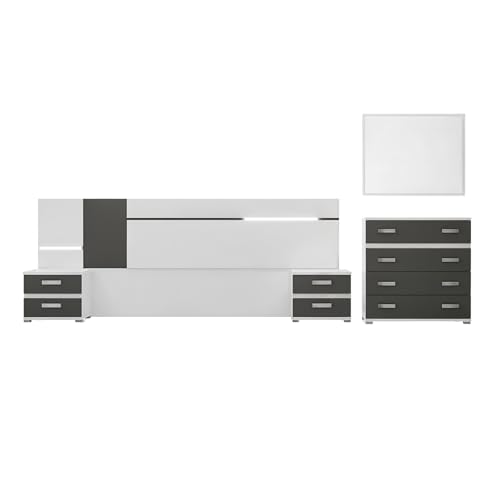 amuéblate Online - Pack Dormitorio Matrimonio Completo Malena con Cabecero Leds + 2 Mesitas de Noche + Cómoda + Espejo de Pared | Colores Blanco-Grafito