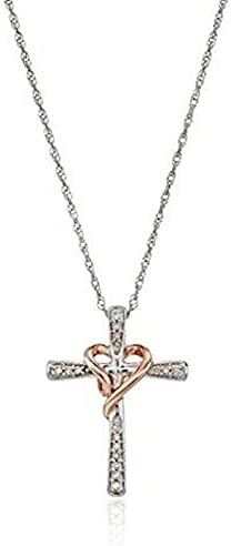 Jewelili 14K Rose Gold Over Sterling Silver 1/10 Cttw Natural White Round Diamond Heart Cross Pendant Necklace