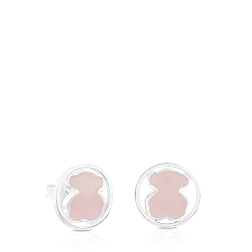 TOUS Aretes de Plata de Primera Ley para Mujer con Motivo Oso de 1.4 cm en Cuarzo Rosa, Plata de Ley 925, Fino y Elegante, Colección Camille