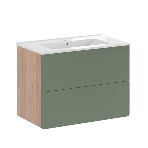 Vicco Ensemble de Meubles de Salle de Bains Izan, Force d'or Chêne/Vert, 80 cm, composé d’Un Meuble sous-lavabo et d’Un lavabo