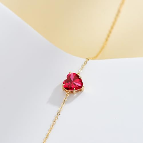 14k Gold Love Heart Gemstone Bracelet for Women,7MM Heart-cut Created Birthstone Anniversary Birthday Mother's Day Bracelets Jewelry for Mom Her 6.5''+2''4