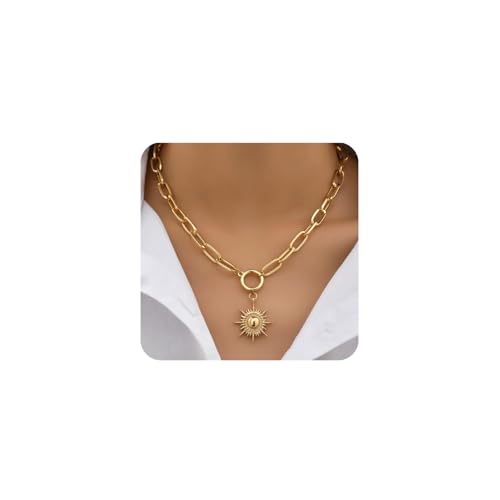 Gold Necklace for Women 18K Gold Plated Sun Paperclip Link Chain Necklaces Sunflower pendant necklaces Chunky Gold Sunshine Celestial Necklaces Minimalist Jewelry