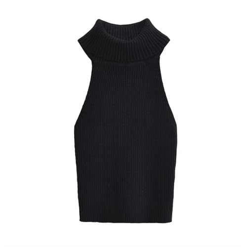 Slim-Fitting Turtleneck Sleeveless Sweater Bottoming Vest top for Women-Black-M