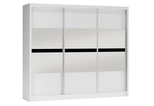 BETTSO- Kleiderschrank Schwebetürenschrank mit Spiegel Kleiderstange Garderobe für Schlafzimmer,Kinderzimmer oder Wohnzimmer-MIBU (Weiß, 250 cm)