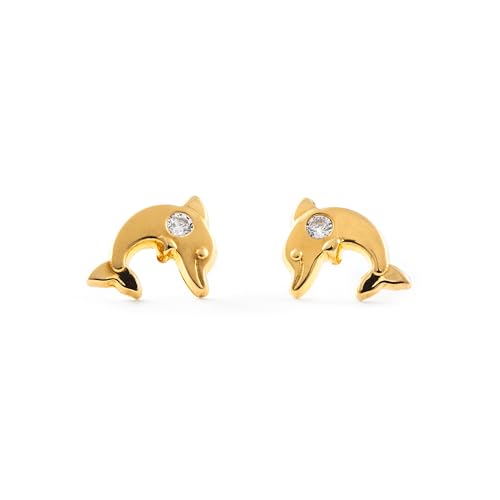 Pendientes Niña Oro Amarillo Delfin grande Circonita (9kts) - Estuche Regalo - Certificado de Garantía - Mondepetit