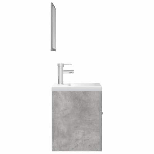 Mueble de baño gris hormigón con espejo, armario para lavabo y columna auxiliar de madera 7
