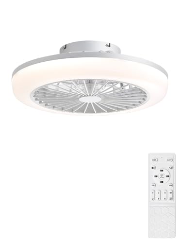 CACI Mall Bladeless Ceiling Fan with Light, Low Profile Flush Mount Modern White Smart Ceiling Fans with Remote, Dimmable LED Ceiling Fan for Bedroom Living Room Kids Room, 18 Inch