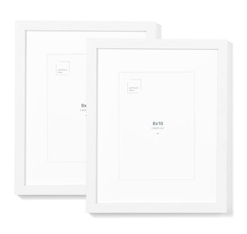Opposite Wall - Set of 2-8x10 in - White Solid Oak Wood Picture Frames with Mat - Wall Hanging & Tabletop Photo Frame - Pictures Display 5x7 with Mat, 8x10 without - Office, Gallery & Home Decor