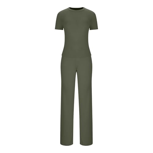 Business Casual Outfits for Womens 2 Piece Outfits Lounge Sets Ruched Short Sleeve Tops High Waisted Wide Leg Pants Tracksuit4