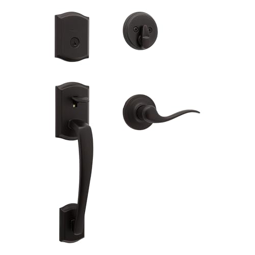 Image of Kwikset Prescott Front Door Lock Handle and Deadbolt Set, Entry Handleset Exterior with Interior Reversible Lever, Venetian Bronze, Pick Resistant SmartKey Rekey Deadbolt Security