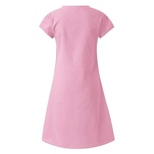 ARGELAN Vestidos midi de verano para mujer, cuello en V, manga corta, algodón y lino, holgado, vestido de verano clásico, ajustado, ligero, ajuste holgado, vestido de playa de color sólido, rosa, XXL