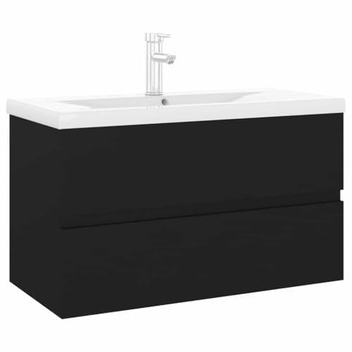vidaXL Mueble con Lavabo Armario Tocado Fregadero Aseo Cuarto de Baño Inodoro Ducha Bañero Mobiliario Robusto Estable Negro Brillante Contrachapada