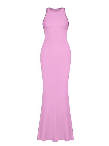 Image of REORIA Women's Basic Summer Sexy Lounge Tank Long Dress Elegant Sleeveless Halter Neck Bodycon Maxi Dresses