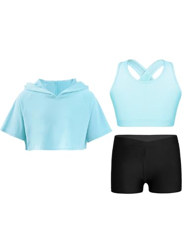 FEESHOW Girls Sport Clothes Set Short Sleeve Sweatshirt Hoodie + Crop Top with Shorts Sport Suit Tennis B Light Blue 12 Years