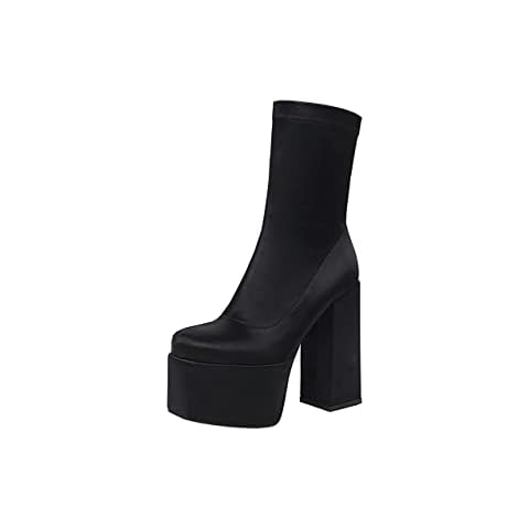 vivianly Women's Platform Ankle BootsHigh Chunky Heel Mid-Calf Boots Black size 8.5 Cover