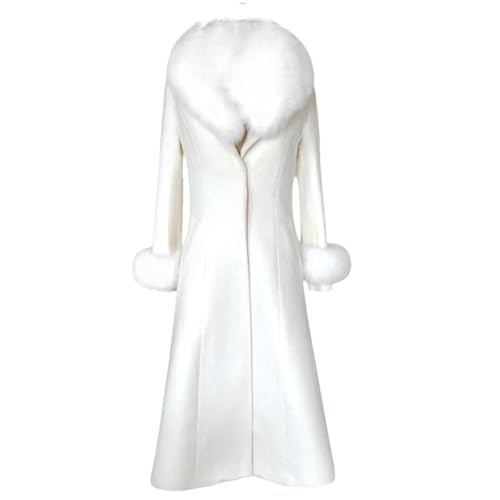 Women's White Woolen Coat, Fur Collar, Warm Long Woolen Coat