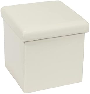 Bonlife Blue Linen Fabric Folding Small Ottoman Storage Box,Footrest Seat Cube Footstool and pouffes Toy Chest Box with Lid for Living Room 30cm