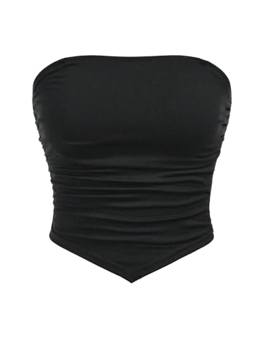 OYOANGLE Girl's Strapless Ruched Tube Top Asymmetrical Hem Party Bandeau Tops