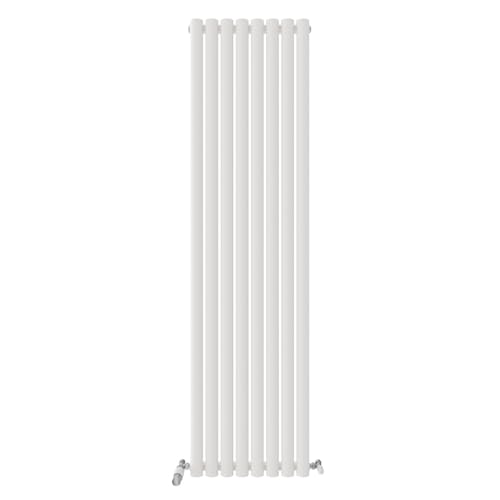 Image of iBathUK Strata Wall-Mounted Vertical Single Oval Panel Radiator, 8 Column Steel High Thermal Output Hydronic Central Heating, Designer Modern Radiator in Matt White, 1800 × 472mm