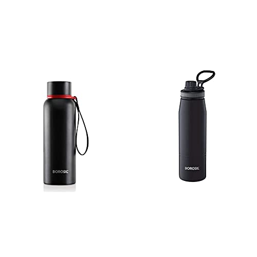 Image of Borosil - Stainless Steel Hydra Trek - Vacuum Insulated Flask Water Bottle, Black, 700ML + Borosil - Stainless Steel Hydra Gosports - Vacuum Insulated Flask Water Bottle, 600 ML, Black