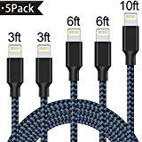 ULKIM Compatible Charger Cable 5Pack 2x3FT 2x6FT 10FT to USB Syncing Data Nylon Braided Cord Charger Replacement for iPhone X/8 Plus/8/7/7 Plus/6/6 Plus/6s/6s Plus/5/5s/5c/SE-BlackBlue