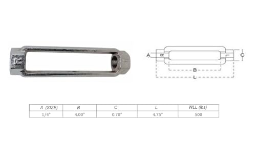 1/4" x 4" Cuerpo de Tensor 500 Lbs WLL Acero Inoxidable T316, Forjado en Frío miniatura 2