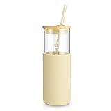 Tronco 24 oz Glass Tumbler with Straw and Lid - Glass Cup with Lid and Straw, Smoothie Cup, Iced Coffee Cup - Bamboo Lid and Protective Silicone Sleeve - BPA-Free