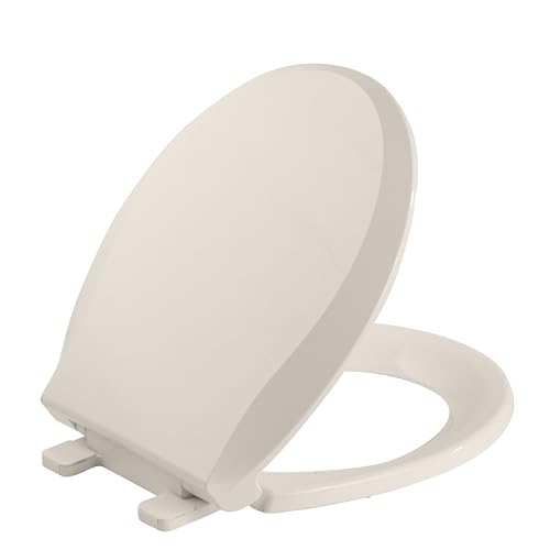 Durable Round Toilet Seat with Slow Soft Close - Easy to Install and Clean, Never Loosens - White, Fits Most Round Toilets Almond, Almond, Round, With