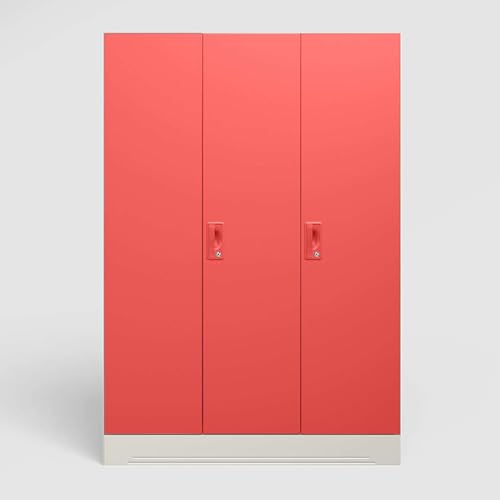 Image of Interio by Godrej Almirah Slimline 3-Door Steel Almirah, Cupboard for Clothes (Alpine White and Hot Coral Matte), 1-Year Warranty, 7 Shelves, 1 Locker