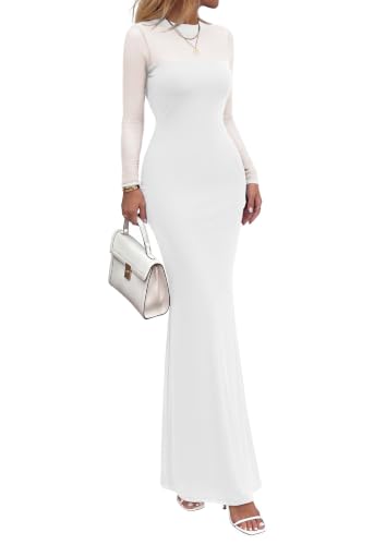 PRETTYGARDEN Women's Formal Mesh Sheer Long Sleeve Maxi Dress,White,M