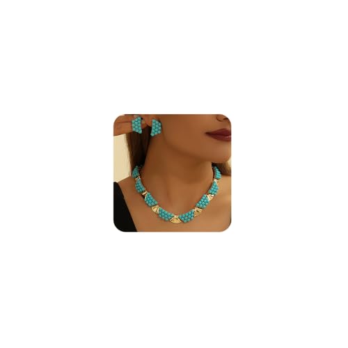 Octwine Boho Shining Blue Turquoise Necklace Teardrop Dangle Earrings Set for Women Bridal Wedding Prom Gold Blue Simple Choker Necklace Vintage Party Prom Wedding Statement Necklace Earrings Set for Women