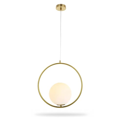 Lampadario Moderno Oro a Sospensione E27, Design Anello con Sfera in Vetro, Lampada Elegante per Soggiorno Cucina Tavolo Bar, Cavo Regolabile, Illuminazione LED Interni