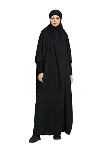 RLLJS Women Muslim Dress Ramadan One Piece Prayer Garment Hijab Hooded Abaya Dubai Full Cover Islam Robe African Turkey Caftan A-Black