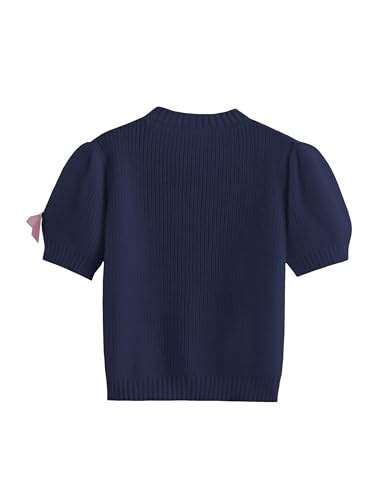 Image of Women's Sweaters Knitted Crewneck Puff Bubble Short Sleeve Pullover Tops Casual Bow T Shirts Chic Blouses
