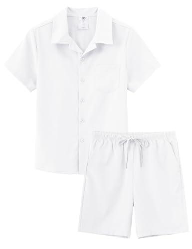 MoFiz Conjuntos Corto Niño Verano Conjuntos de ropa Para Vacaciones en la playa Chándal Informales Deportivos Manga Corta Camisas Botón y Pantalones Cortos Blanco Talla XL (164 176)