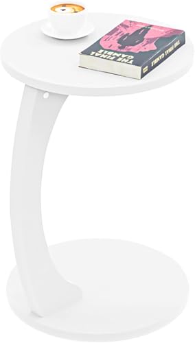 Image of Multipurpose Round Coffee Table, Wooden Couch Sofa Table that Slides Under, C-Shaped End Table for Living Room, Bedroom, or Apartment (White)