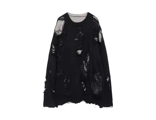 Men Fake Two Pieces Hole Long Sleeve Sweaters Knit Y2k Hollow Design Knitwear Sweaters