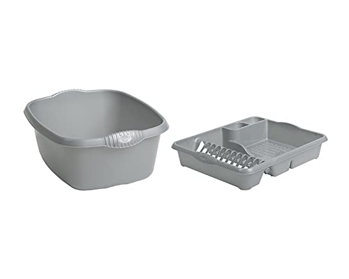 M1SS Set of Large Dish Drainer Tray Plate Rack Draining Board Stand With 39cm Rectangular Washing Up Bowl Plastic Kitchen Organiser Sink Holder (Silver)