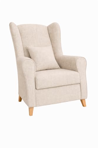 KHALMA HOME Sillón Orejero para Salón y Dorrmitorio + Cojín Decorativo | Butaca Lectura | Sillones Orejeros con Tela Antimanchas | Fácil Limpieza y Diseño. (BEIG)