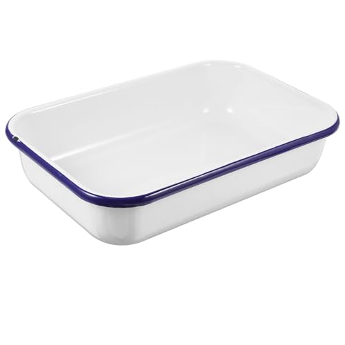 Cabilock Enamelware Collection Rectangular Enamel Baking Sheet White Serving Tray with Blue Rim Cookie Pan Butcher Tray Dish 19X28cm for Home Kitchen