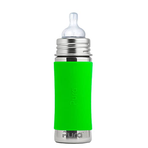 Image of Pura Kiki 11oz/325ml Stainless Steel Infant Bottle w/Sleeve, Anti-Colic, 100% Plastic-Free, MadeSafe Certified, Medical-Grade Silicone, Medium-Flow Nipple, for Babies 3 Months & Up - Green
