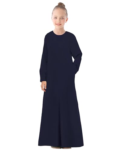 WSPLYSPJY Solid Color Muslim Dress for Girls Kids Abaya Zipper Islamic Prayer Clothes with Pockets