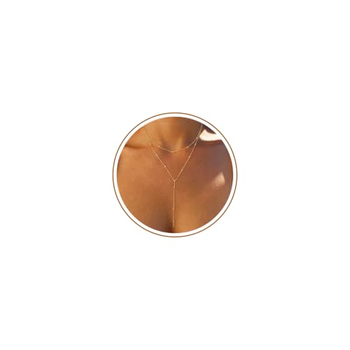 Foxgirl Dainty Long Gold Necklaces for Women, Trendy Lariat Y Necklace 14k Gold Plated Layered Beaded Drop Necklaces Simple Handmade Bar CZ Pendant Y-Shaped Chain Jewelry Gift Wedding
