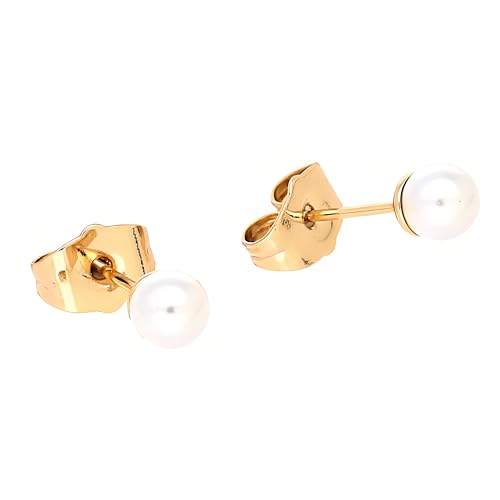 Boucles d'Oreilles - Femme/Enfant - Puces - Perle - Blanche - Plaqué Or Jaune 750/1000-3 Microns - 5 mm