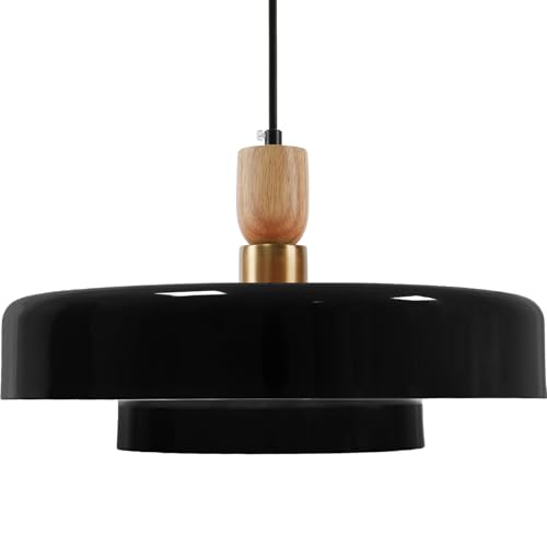 Image of Modern Farmhouse Metal Pendant Lights, Black Chandelier Wood and Brass Accent Adjustable Hanging Light Fixture 13.8 inch Pendant Lamp for Kitchen Dining Room Bedroom