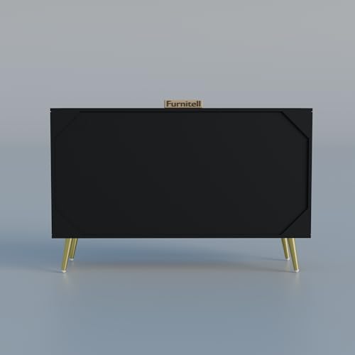 Image of Modern Wooden Storage Cabinet with 2 Doors | Geometric Design Sideboard /Cupboard for Living Room | Multipurpose Organizer for Bedroom & Entryway | HDMR Premium Wood | Gold Metal Legs(Black)