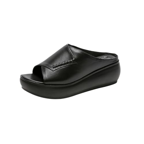 Soft leather thick sole slippers are versatile for external wear waterproof platform slope heel sandals